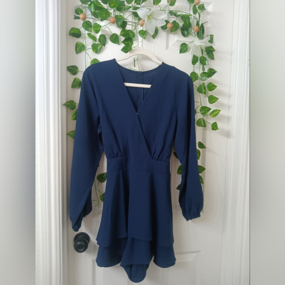 😘New Blue Long Sleeve waist tie ruffled romper